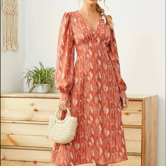 ISO SHEIN Rust Long Lantern Sleeve Button Front MIDI dress XS - Picture 1 of 1